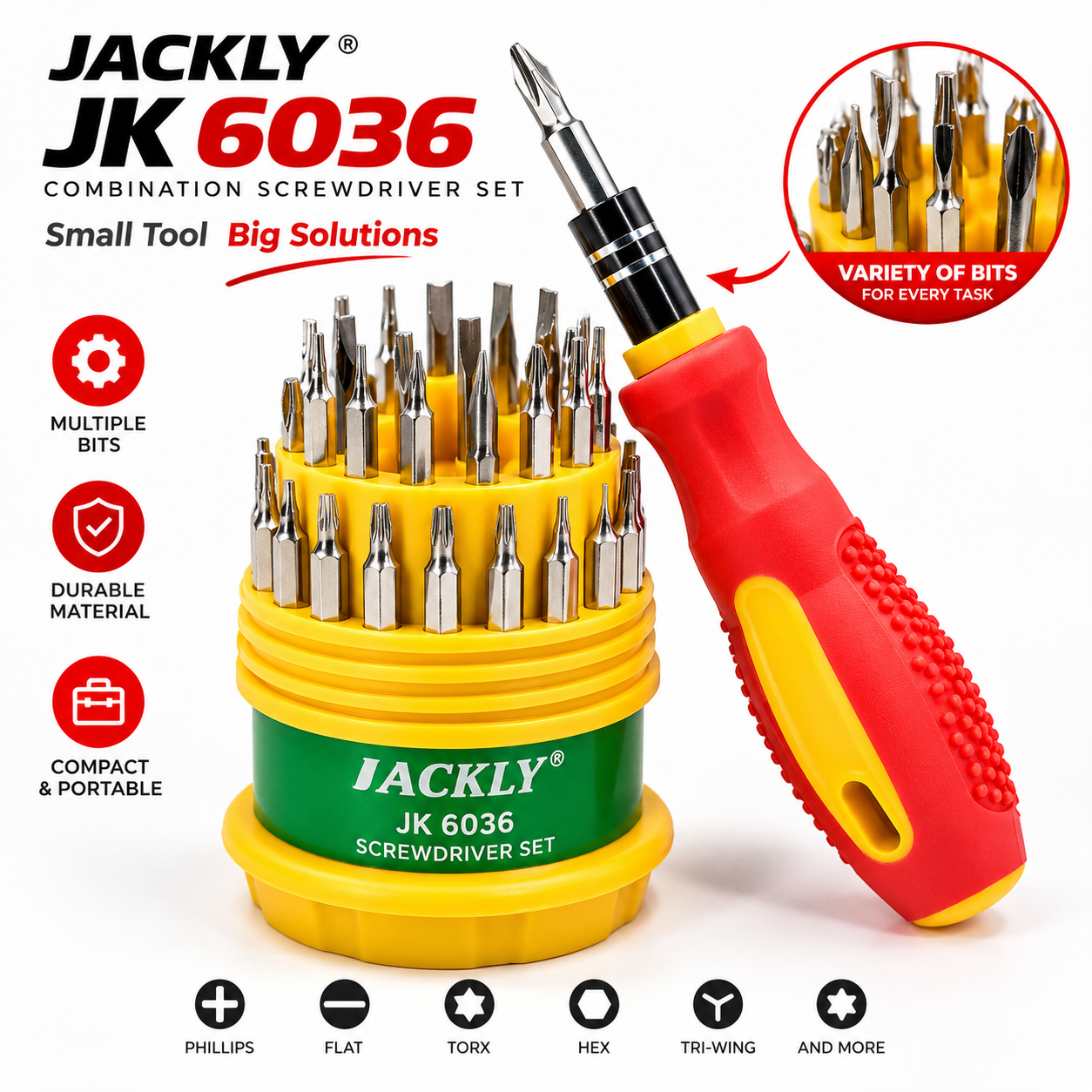 JACKLY JK-6036 31-in-1 Precision Screwdriver Set – Multi-Function Magnetic Tool Kit with 30 Interchangeable Stainless Steel Bits for Electronics & Gadget Repair_img_1