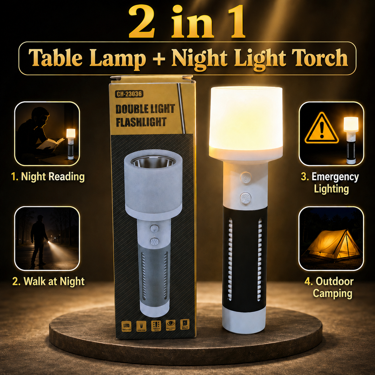 2-in-1 Rechargeable Double Light Torch & Reading Table Lamp – Multifunctional LED Flashlight & Camping Lantern with Dual Button Control & USB Charging_img_6