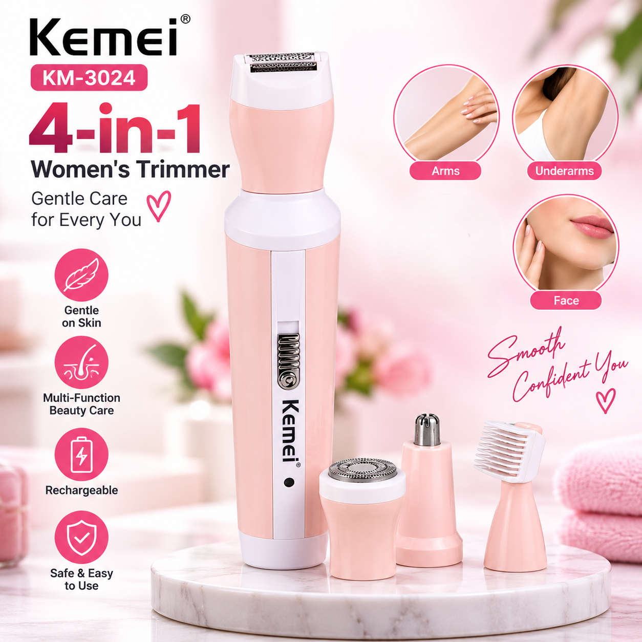 Kemei KM-3024 4-in-1 Rechargeable Women’s Grooming Kit – Painless Body Shaver, Nose, Eyebrow & Facial Hair Trimmer with Cordless Design_img_1