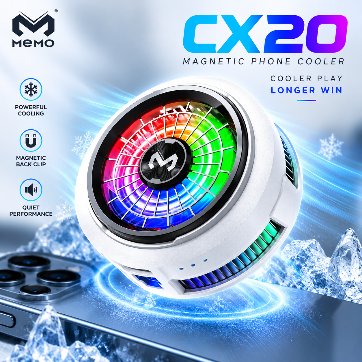 MEMO CX20 RGB Magnetic Phone Cooler – 3-Gear Temperature Control, Advanced Semiconductor Refrigeration, Dual-Purpose Magnetic & Back Clip, Low Noise Fan for Smooth Mobile Gaming_img_2