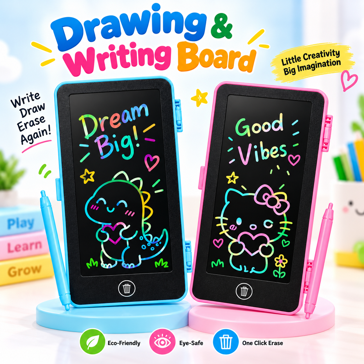 Apple Toys LCD Drawing & Writing Board – Portable Electronic E-Writer Pad with Case, One-Touch Erase Button & Cute Cartoon Graphics, Safe Screen-Free Educational Toy for Kids_img_1