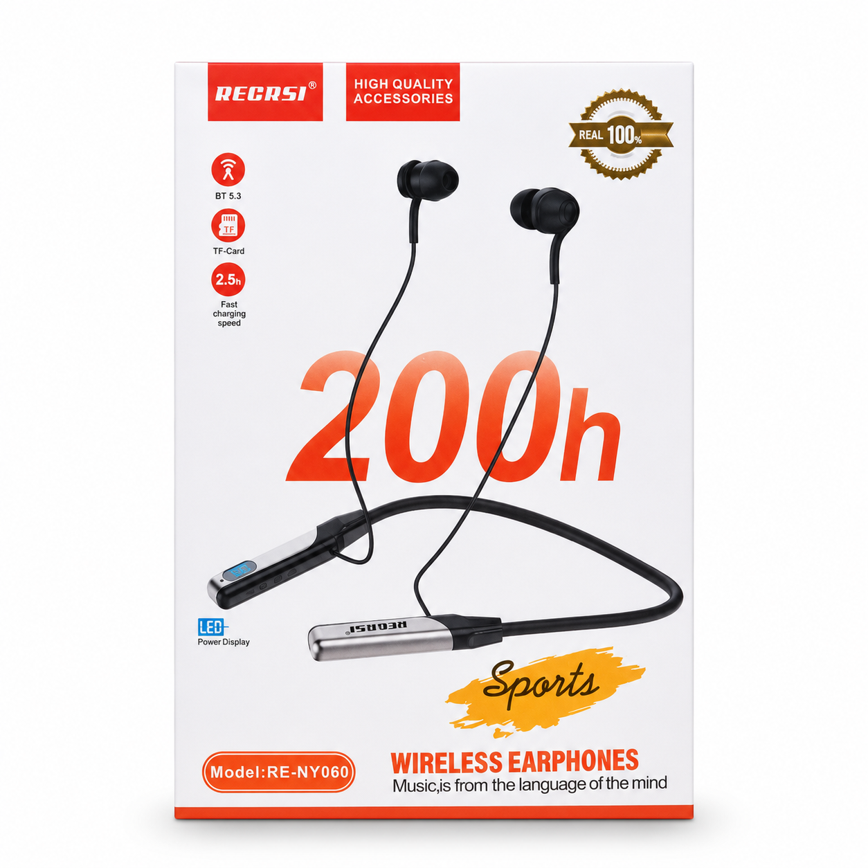 RE-NY060 Recrsi Wireless Neckband Bluetooth Earphone – Bluetooth 5.3 Headset with 200H Standby, 500mAh Battery, LED Display, TF Card Slot & Type-C Fast Charging_img_2