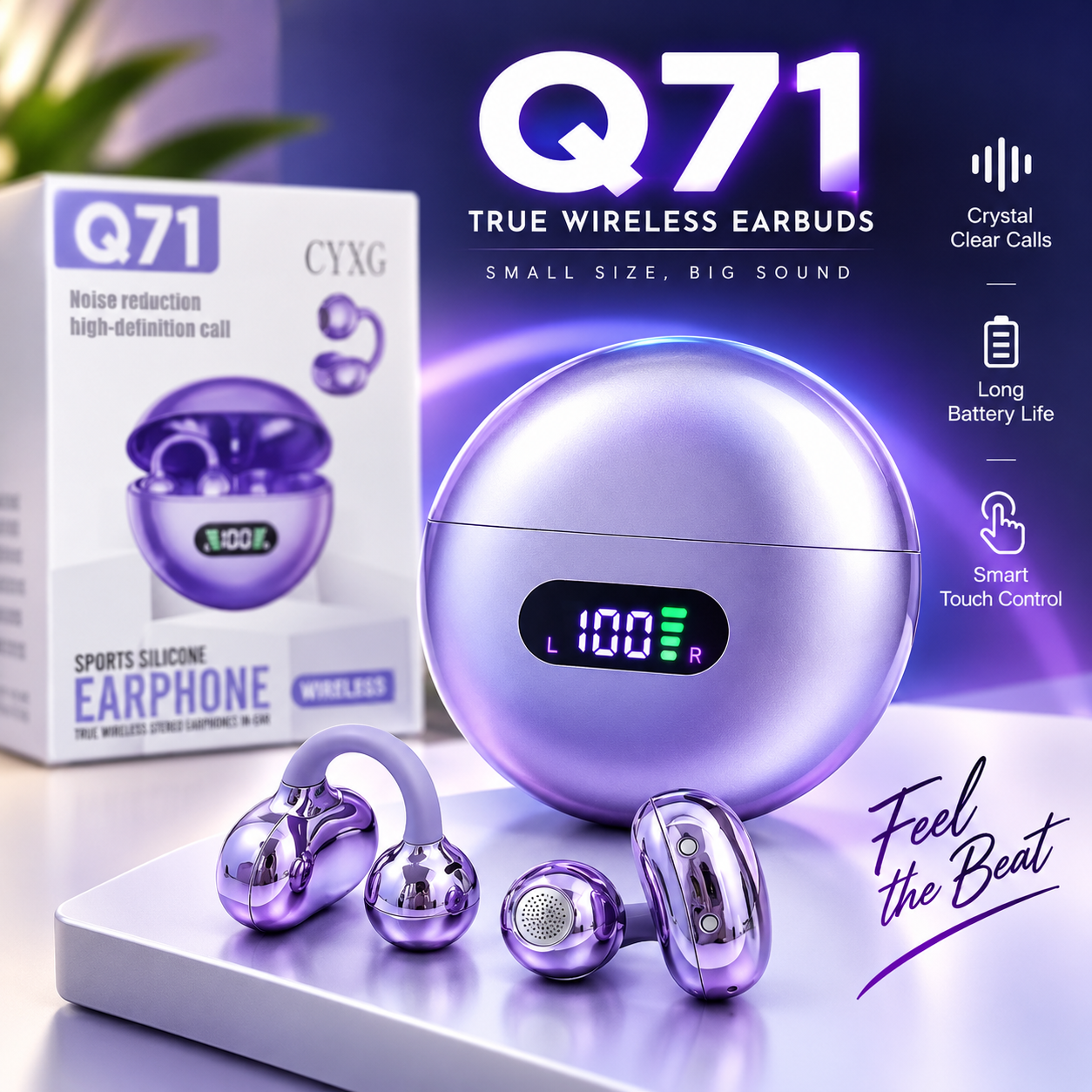 Q71 True Wireless Open-Ear / Ear Clip Earbuds – Digital LED Display, HD Stereo Sound, Noise Reduction Call Feature, 30mAh Earbud & 180mAh Charging Case for Sports & Daily Use_img_1