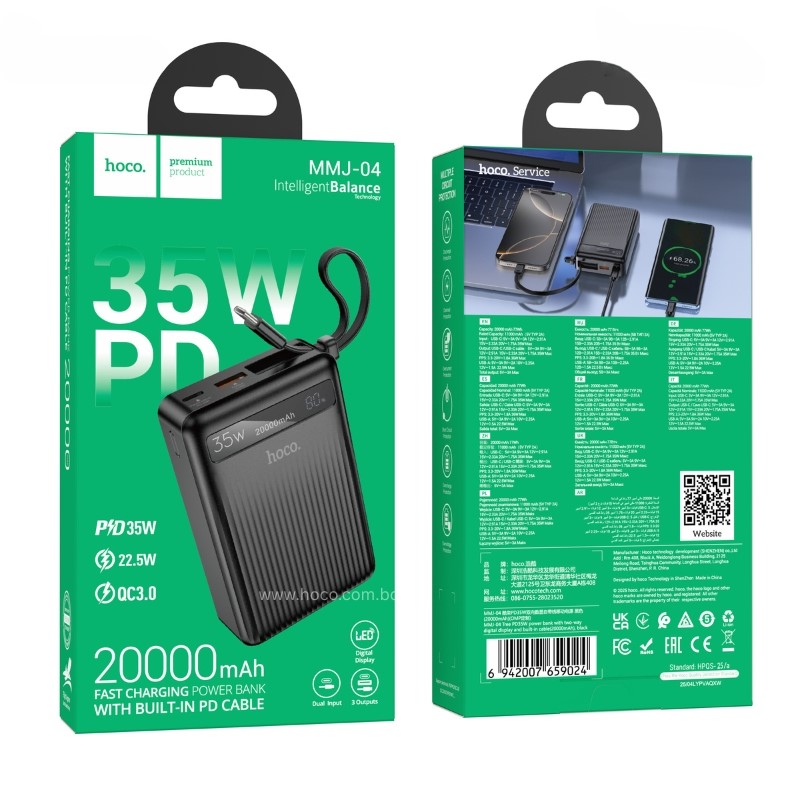 Hoco MMJ-04 20000mAh 35W PD Fast Charging Power Bank with Built-in Type-C Cable, LED Digital Display, QC3.0 & 22.5W Super Fast Charger for iPhone, Samsung, iPad & Type-C Devices_img_6