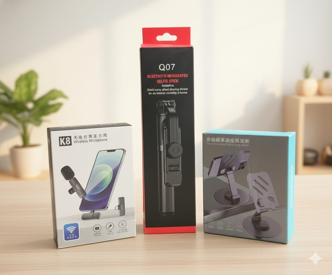Smart Vlogger's Combo – K8 Wireless Lavalier Microphone, Q07 Bluetooth Selfie Stick Tripod & 360° Rotating Phone & Tablet Stand for Content Creators_img_1