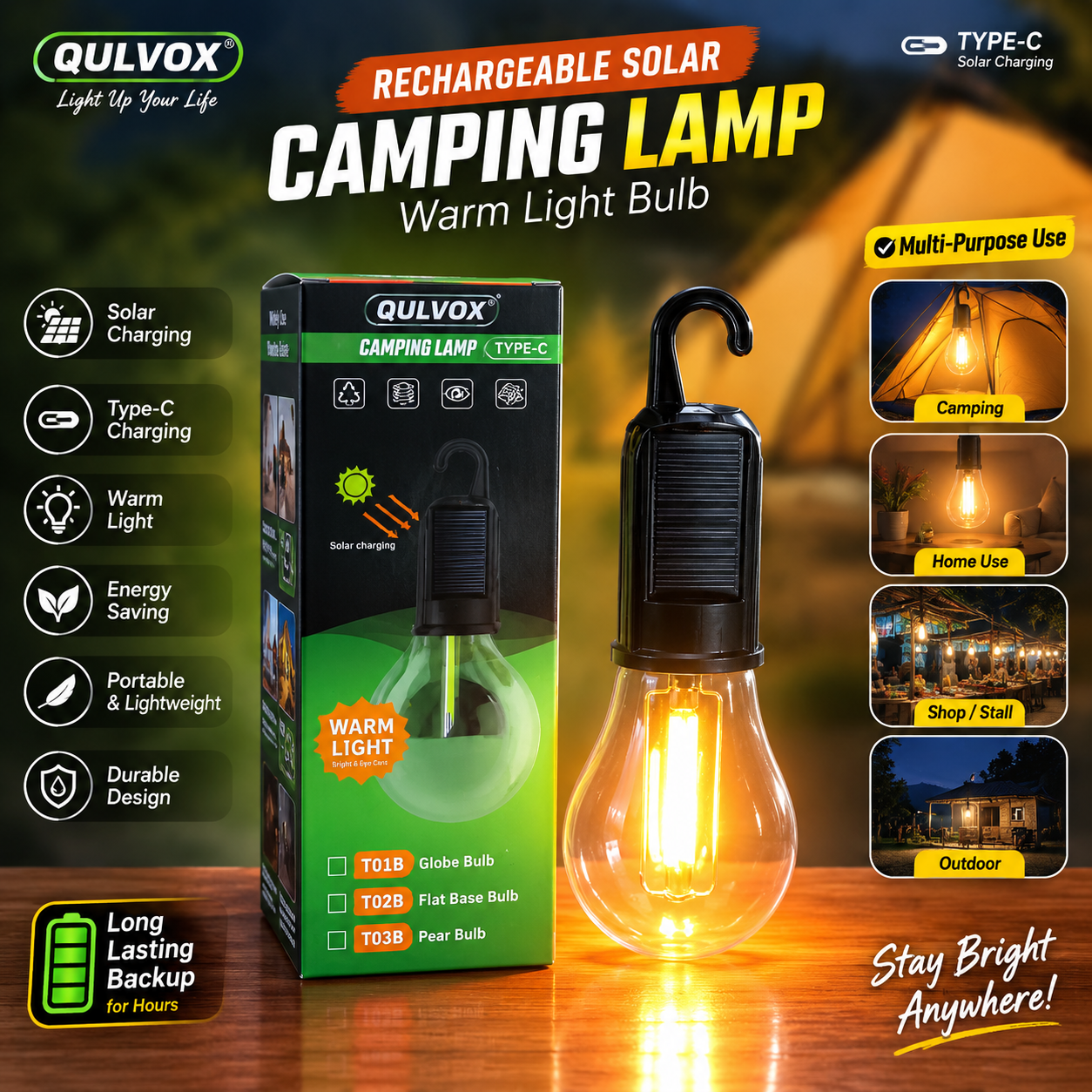 Rechargeable Solar Camping Lamp – Portable LED Hanging Lantern with Type-C Charging, Warm Ambient Light & Emergency Battery Backup for Outdoor & Home Use_img_4