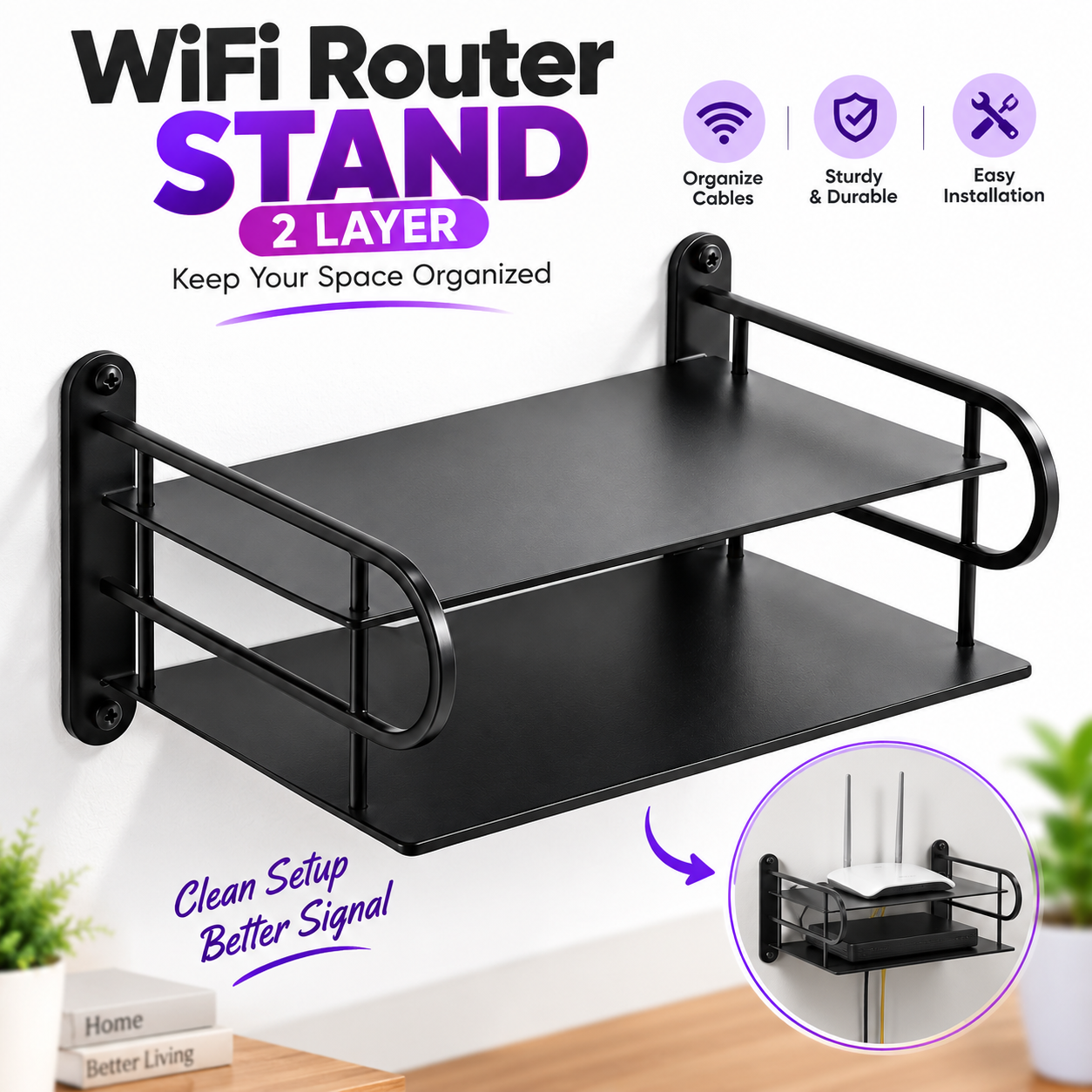 2-Layer Wall Mounted WiFi Router Stand & Storage Box – Black Aluminium Metal Set-Top Box Holder, Modem Shelf & Cable Organizer for Home and Office_img_1