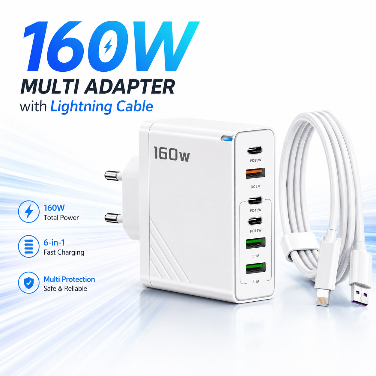 160W Super Fast Multi-Adapter: Ultimate GaN Charger with 6 Ports & Lightning Cable_img_1