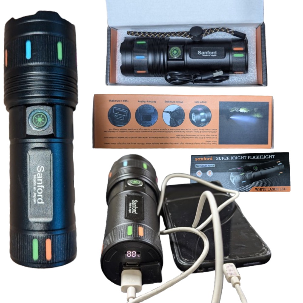 Sanford Super Bright White Laser LED Flashlight – Made in Japan High-Power Tactical Torch with 18650mAh Battery, Digital Display, Power Bank & Type-C Charging_img_7