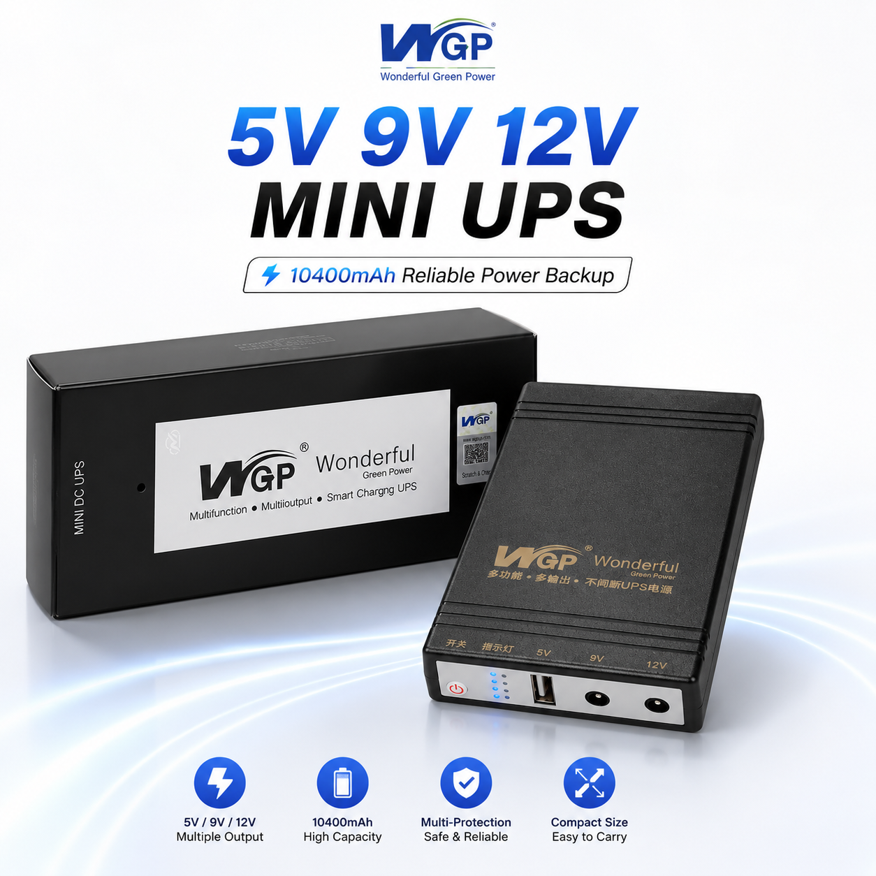 WGP Mini UPS 10400mAh for WiFi Router – 12V Input, Multi-Voltage Output (5V/9V/12V) Uninterruptible Power Supply with Smart Safety Protection_img_1