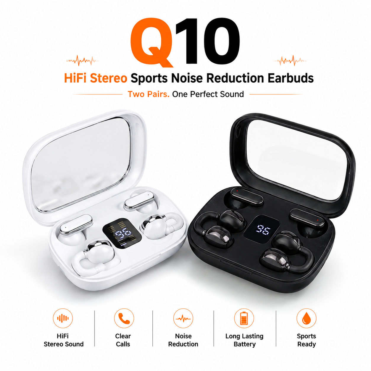 Q10 HiFi Stereo Sports Wireless Earbuds (2 Pairs) – 4-in-1 Combo Set with In-Ear & Open-Ear Clip Design, Bluetooth 5.4, LED Digital Display & IPX4 Waterproof_img_8