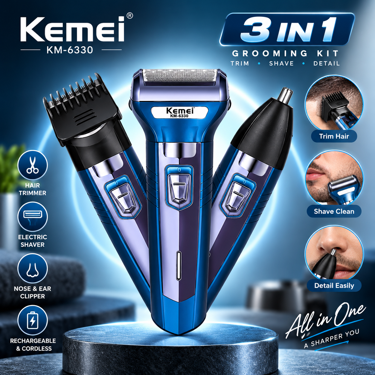 Kemei KM-6330 3-in-1 Rechargeable Hair Trimmer, Electric Shaver & Nose Clipper Grooming Kit – Universal Voltage, 60-Min Runtime & 4 Guide Combs_img_1