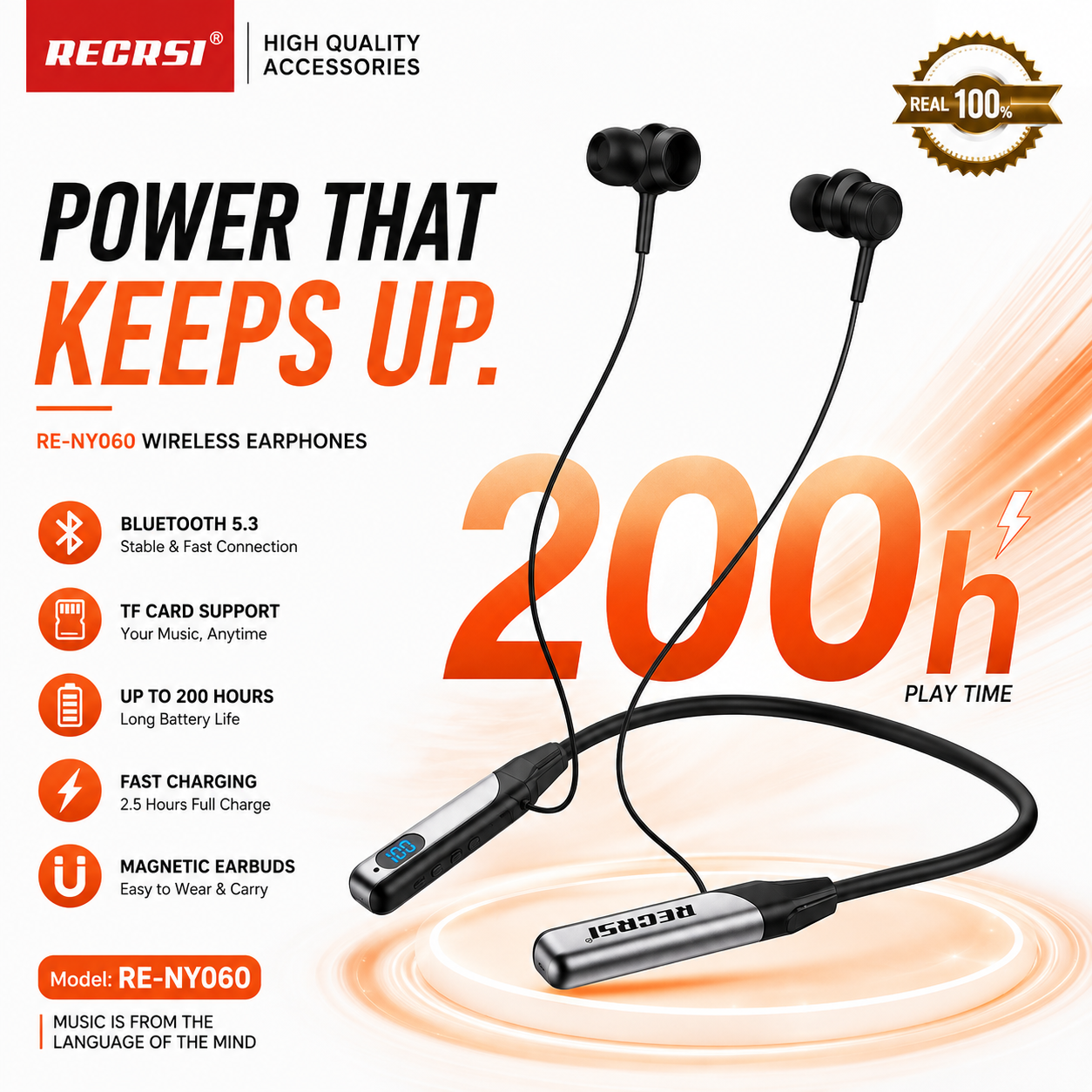 RE-NY060 Recrsi Wireless Neckband Bluetooth Earphone – Bluetooth 5.3 Headset with 200H Standby, 500mAh Battery, LED Display, TF Card Slot & Type-C Fast Charging_img_1