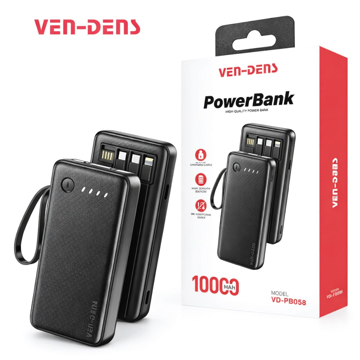 VEN-DENS 10000mAh Power Bank (VD-PB058) – Portable Charger with Built-in Type-C, Micro & Lightning Cables, Fireproof Shell & LED Indicator_img_3