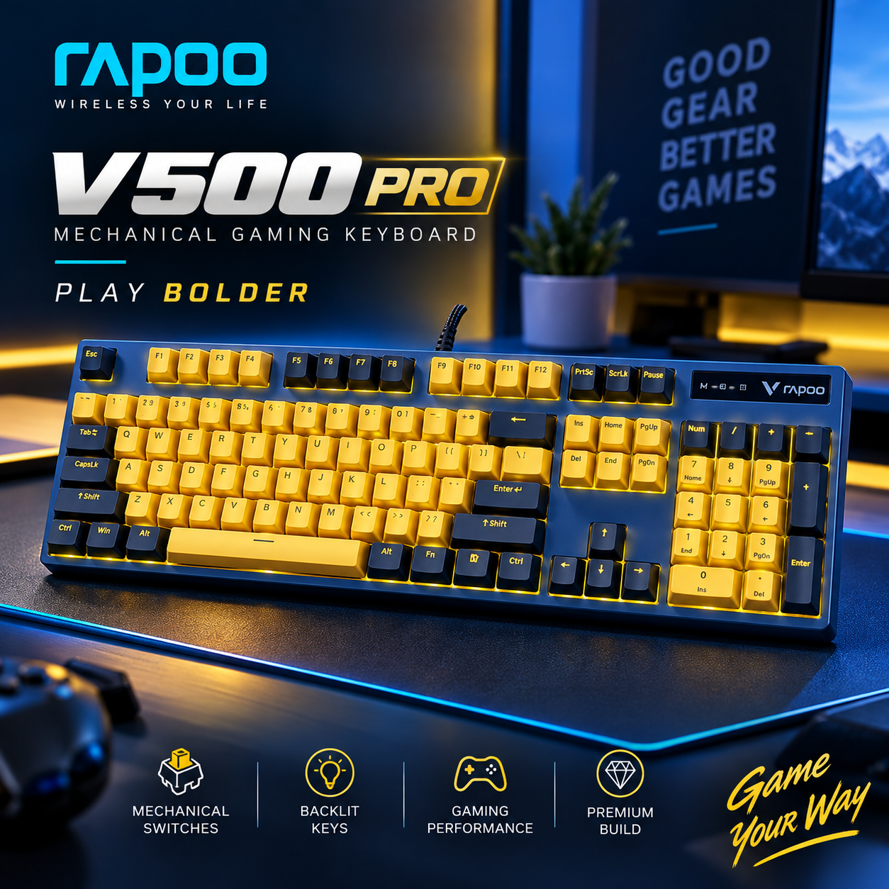 Rapoo V500 Pro Yellow-Blue Mechanical Gaming Keyboard – Full-Size 104-Key Layout, Tactile Mechanical Switches, Backlit Illumination, Anti-Ghosting & Durable Dual-Tone Design_img_1