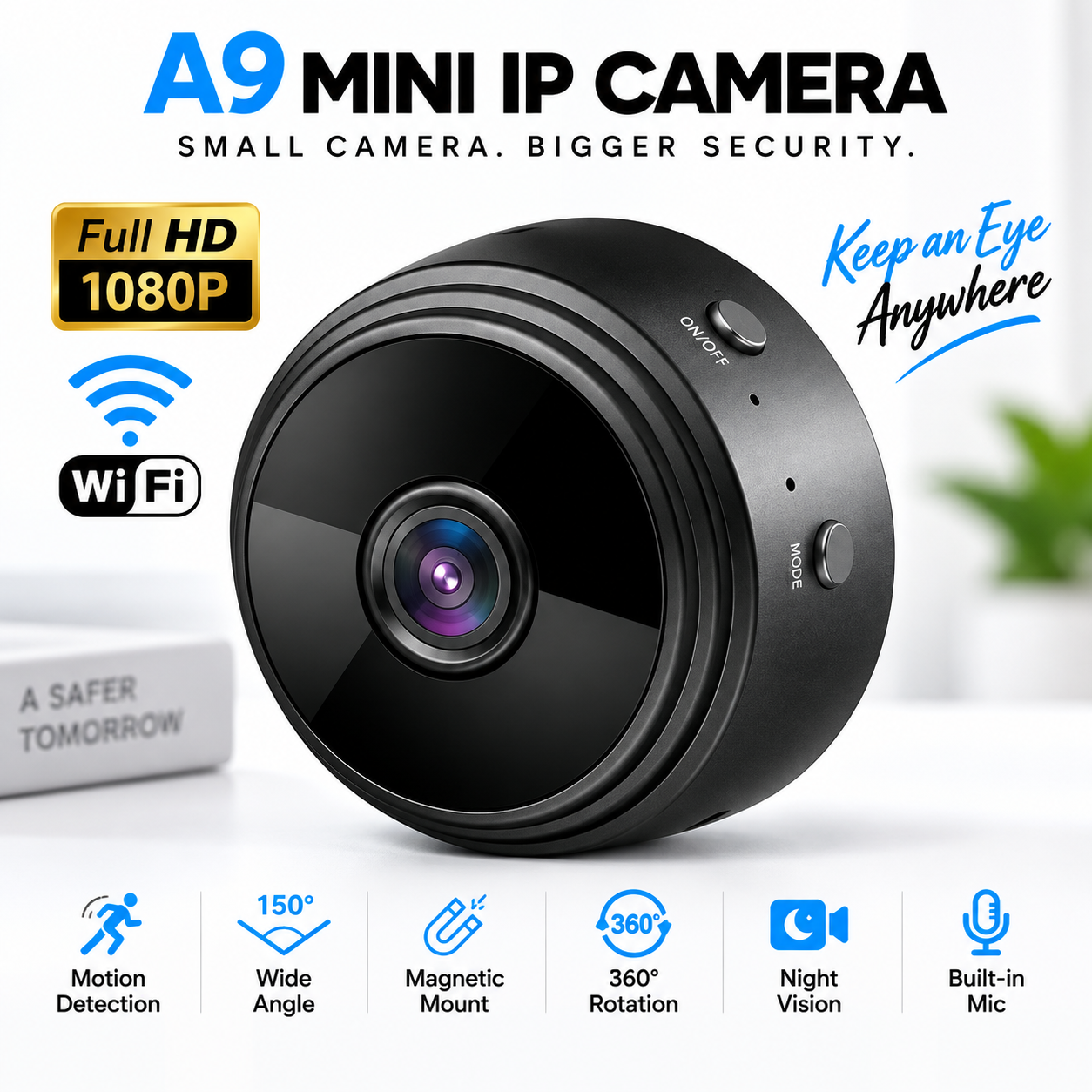 A9 Wi-Fi Night Vision Mini IP Camera – 1080P HD Wireless Security CCTV with 180° Wide-Angle Lens, Motion Detection, Loop Recording & Built-in Mic_img_1