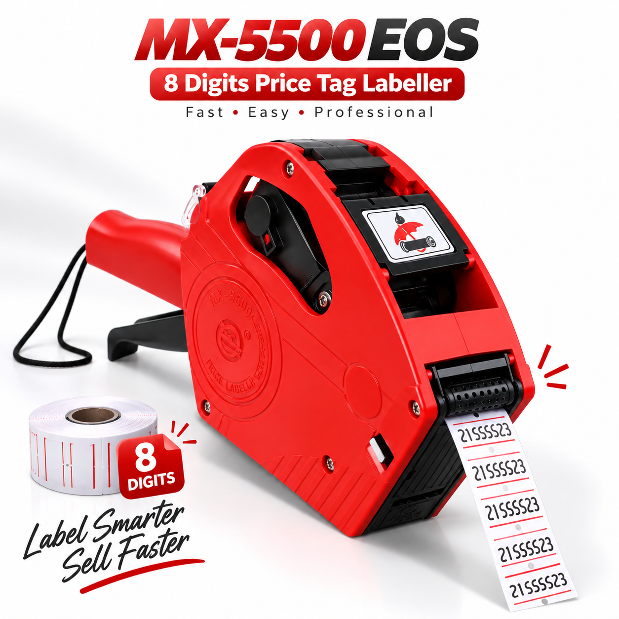 MX-5500 EOS 8 Digits Price Tag Labeller – Manual Pricing Gun Machine with 21x12mm Labels & Ink Roller for Retail Store, Supershop & Business_img_1