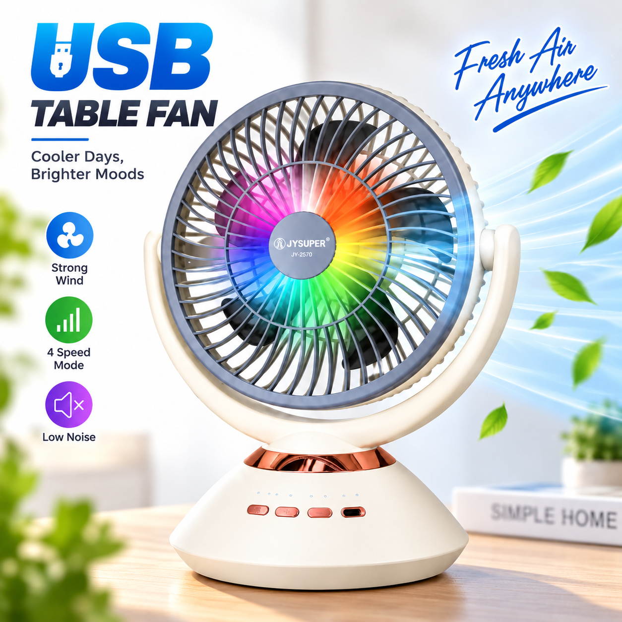 JYSUPER JY-2570 Rechargeable Stand/Table Fan with LED Light – 4 Speed Levels, 100° Auto Oscillation, 115° Tilt, Timer & Solar Panel Charging Support_img_1