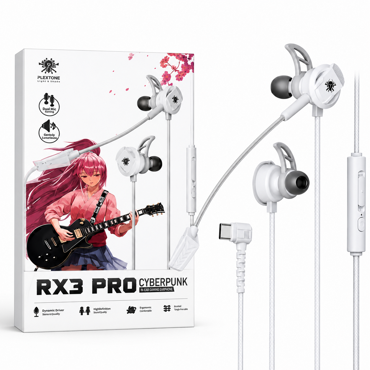 Plextone RX3 Pro Cyberpunk In-Ear Gaming Earphone – Wired Headset with Dual Microphones, Dynamic Driver Stereo Sound, Ergonomic Comfortable Fit & Tangle-Free Braided Cable_img_1