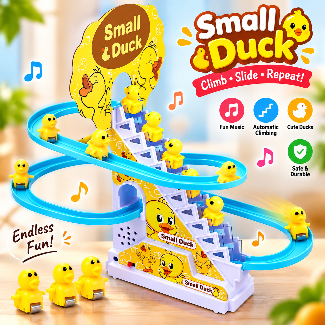 Electric Small Duck Climbing Stairs Toy – Musical Slide Track Game with 9 Cute Yellow Ducks, Flashing LED Lights, Safe ABS Plastic Interactive Educational Toy & Perfect Kids Gift_img_1