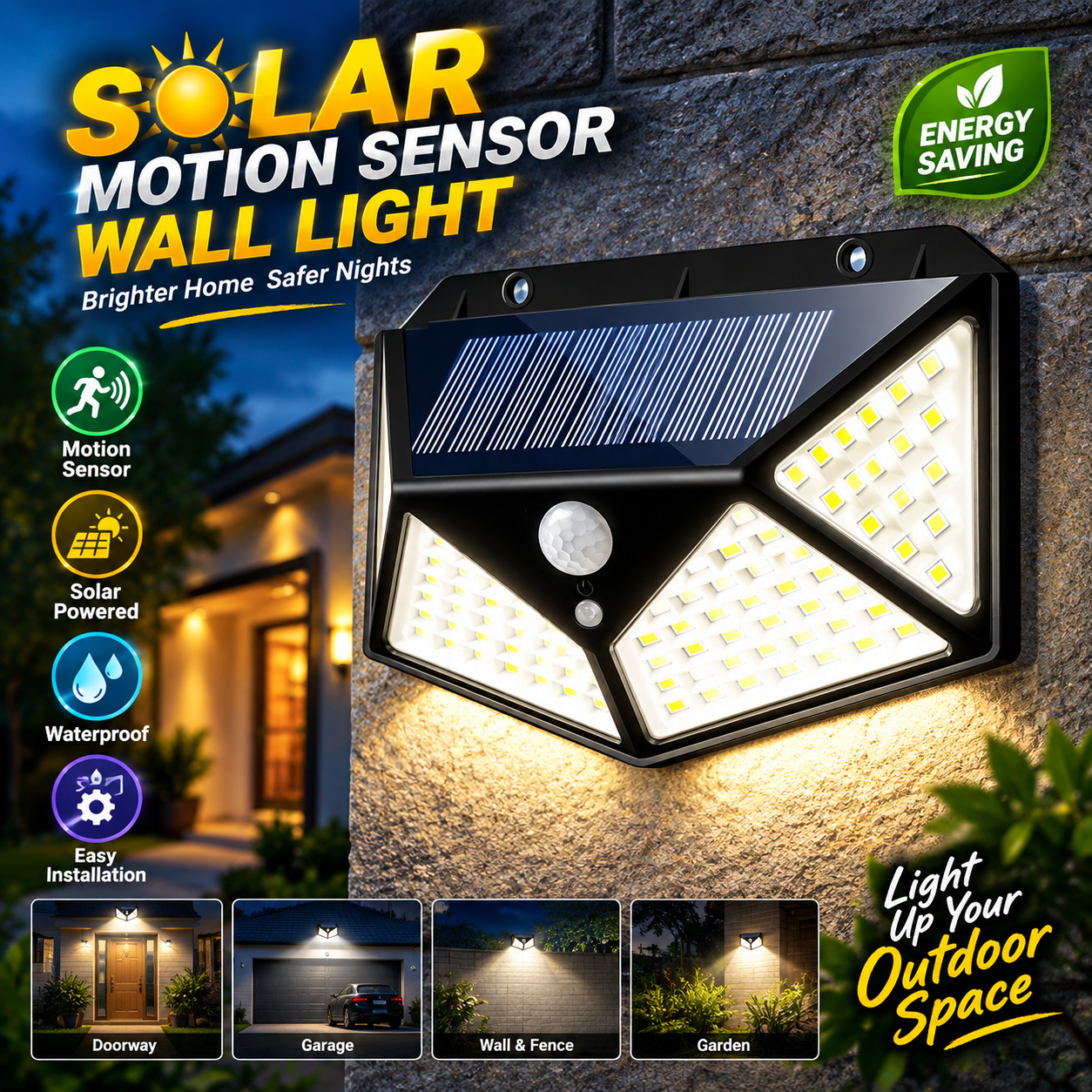 LED Outdoor Solar Motion Sensor Wall Light – 12W Waterproof Wireless Solar Spotlight with 3 Lighting Modes, 2200mAh Rechargeable Battery for Garden & Yard Security_img_1