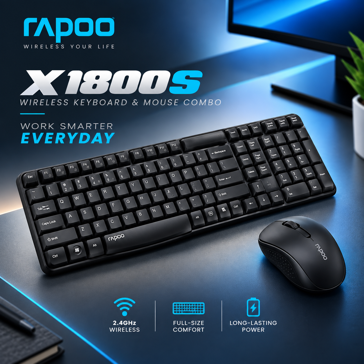 Rapoo X1800S Wireless Keyboard and Mouse Combo (Black) – 2.4GHz Reliable Wireless, Spill-Resistant Design, 1000 DPI Optical Mouse, Long Battery Life & 2-Year Warranty_img_1