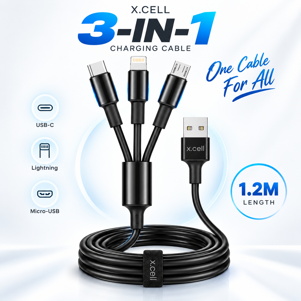 X.Cell High-Performance 3-in-1 Multi Charging Cable – 1.2M Charging Cord with USB-C, Lightning & Micro-USB Connectors for Universal Smartphones_img_1