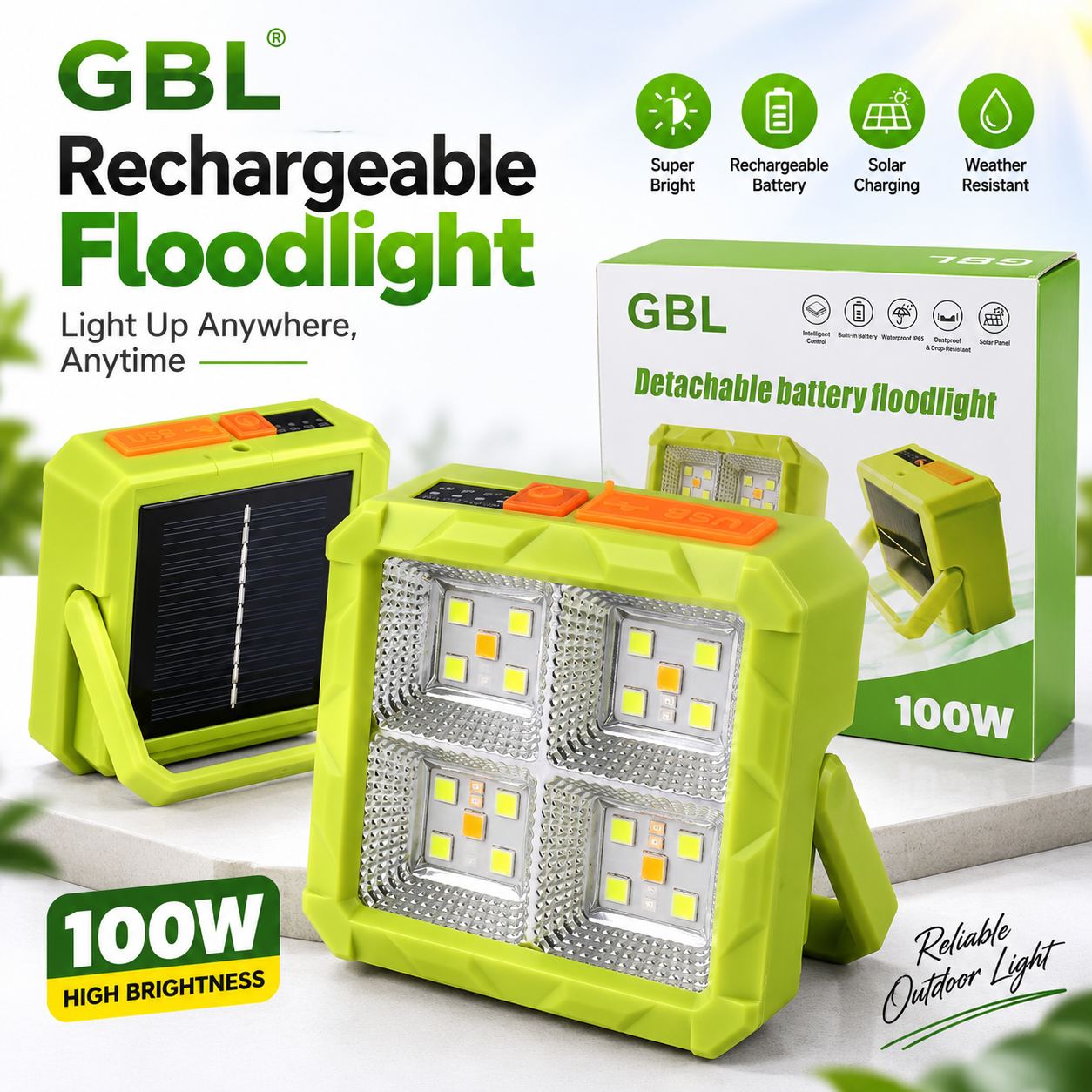 GBL Detachable Battery Solar Floodlight – 100W Super Bright Portable Outdoor LED Work Light with Built-in Power Bank, Weatherproof Design & Camping Emergency Light_img_1