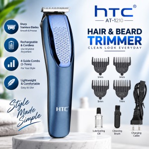 HTC AT-1210 Rechargeable Cordless Beard & Hair Trimmer (Blue) – Dual Battery Support, 4 Clipper Attachments & 45-Min Runtime Grooming Kit_img_0