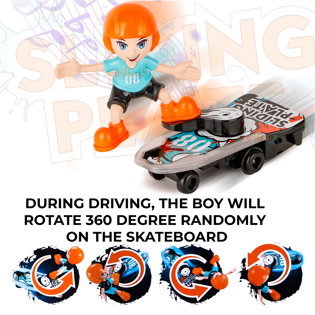 Sliding Plate Electronic Stunt Skateboard Boy Toy – Musical Action Figure with Dynamic Light Effects, 360° Stunt Movement, Battery Operated Safe Plastic Interactive Toy for Kids Age 3+_img_5