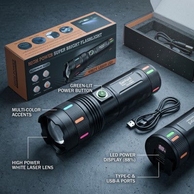 Sanford Super Bright White Laser LED Flashlight – Made in Japan High-Power Tactical Torch with 18650mAh Battery, Digital Display, Power Bank & Type-C Charging_img_5