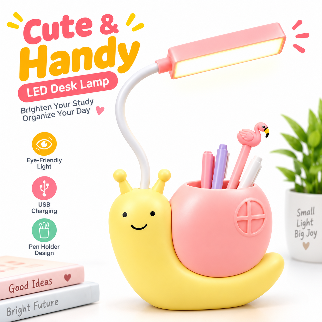 Rechargeable LED Snail Table Light – Child Eye Protection Desk Lamp with Built-In Pen Holder, Flexible Neck & USB Charging for Kids Study & Night Light_img_1