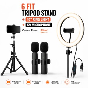 6 Ft Tripod Stand, 10" LED Ring Light & K9 Wireless Microphone Combo – Professional Content Creation Kit with Ultra-Low Latency, 20m Range & Adjustable Light Stand_img_0