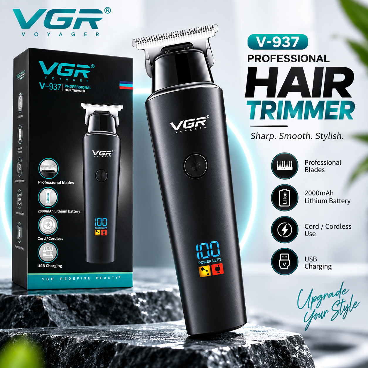 VGR V-937 Professional Cordless Hair & Beard Trimmer for Men – 500 Min Runtime, 2000mAh Battery, Smart LCD Display, Type-C & Zero Gap Stainless Steel Blade (Black)_img_1
