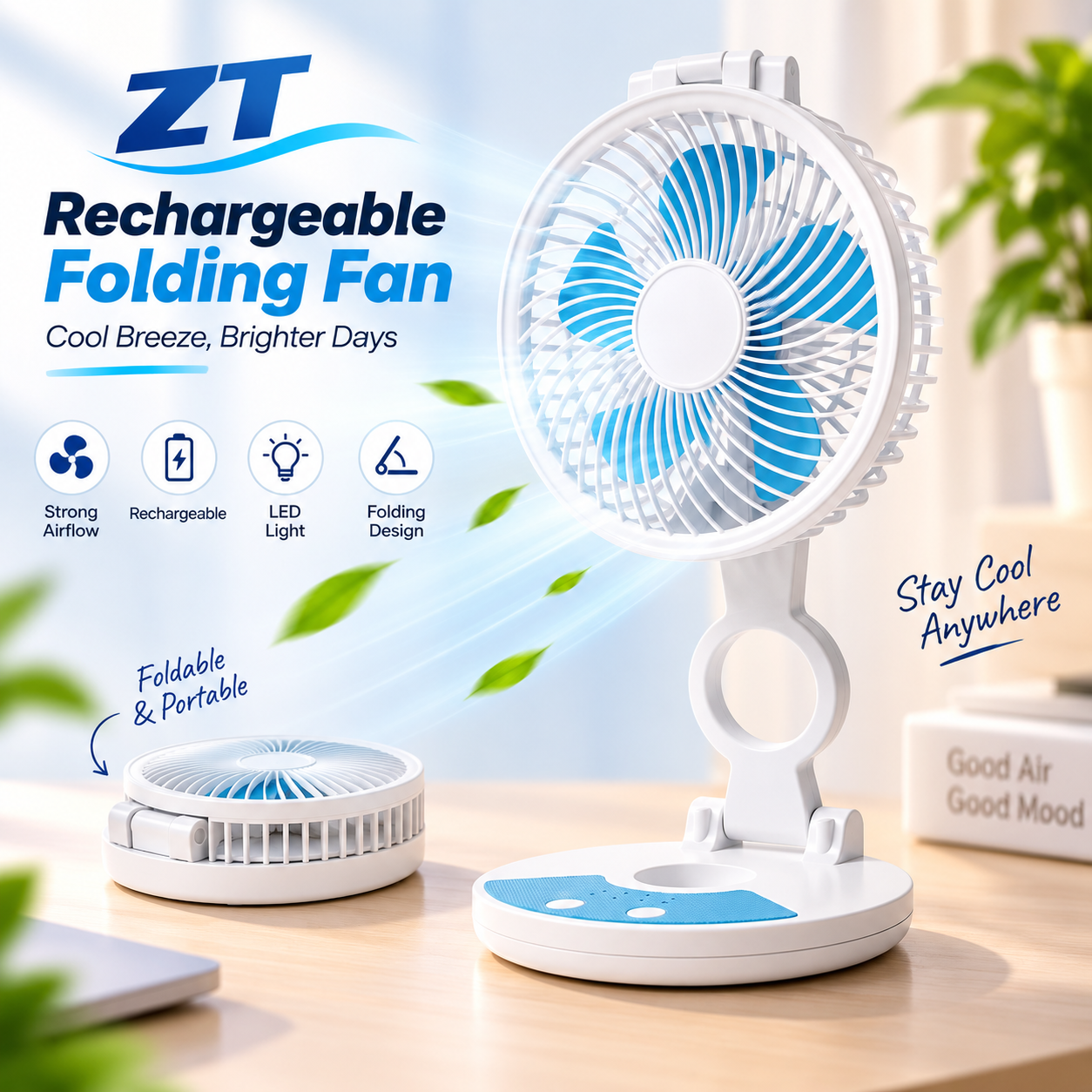 ZT Rechargeable Folding Desktop Fan with Integrated LED Light – Portable Foldable Pocket Cooling Fan with Adjustable Speed, USB Charging & Silent Operation_img_1
