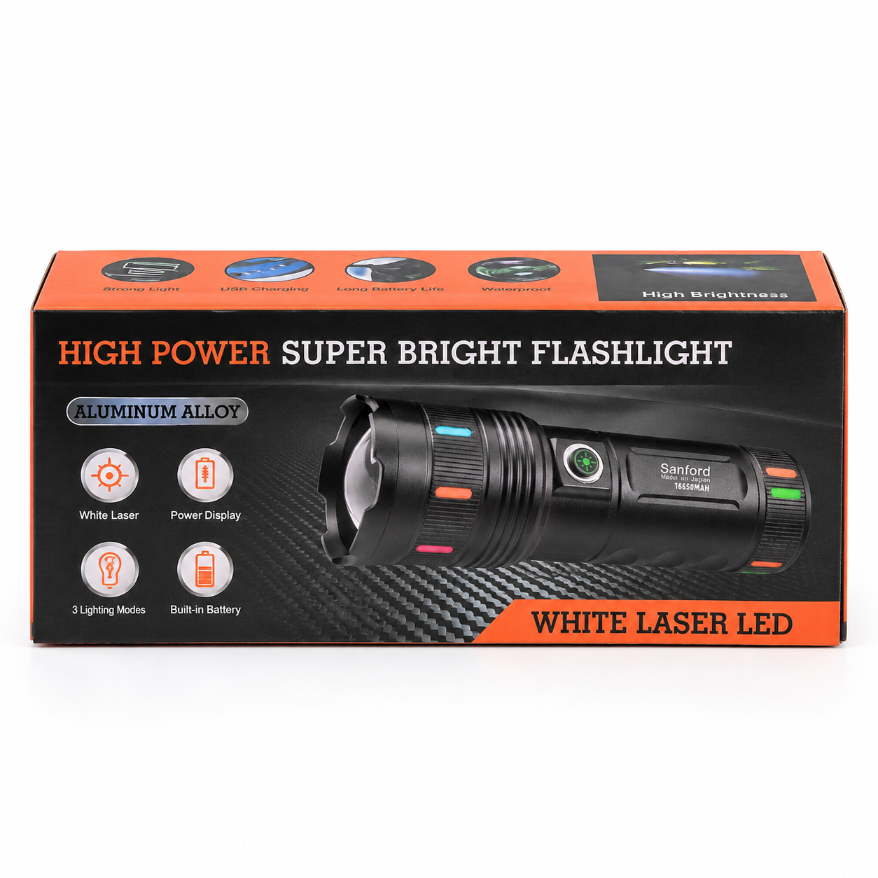 Sanford Super Bright White Laser LED Flashlight – Made in Japan High-Power Tactical Torch with 18650mAh Battery, Digital Display, Power Bank & Type-C Charging_img_3