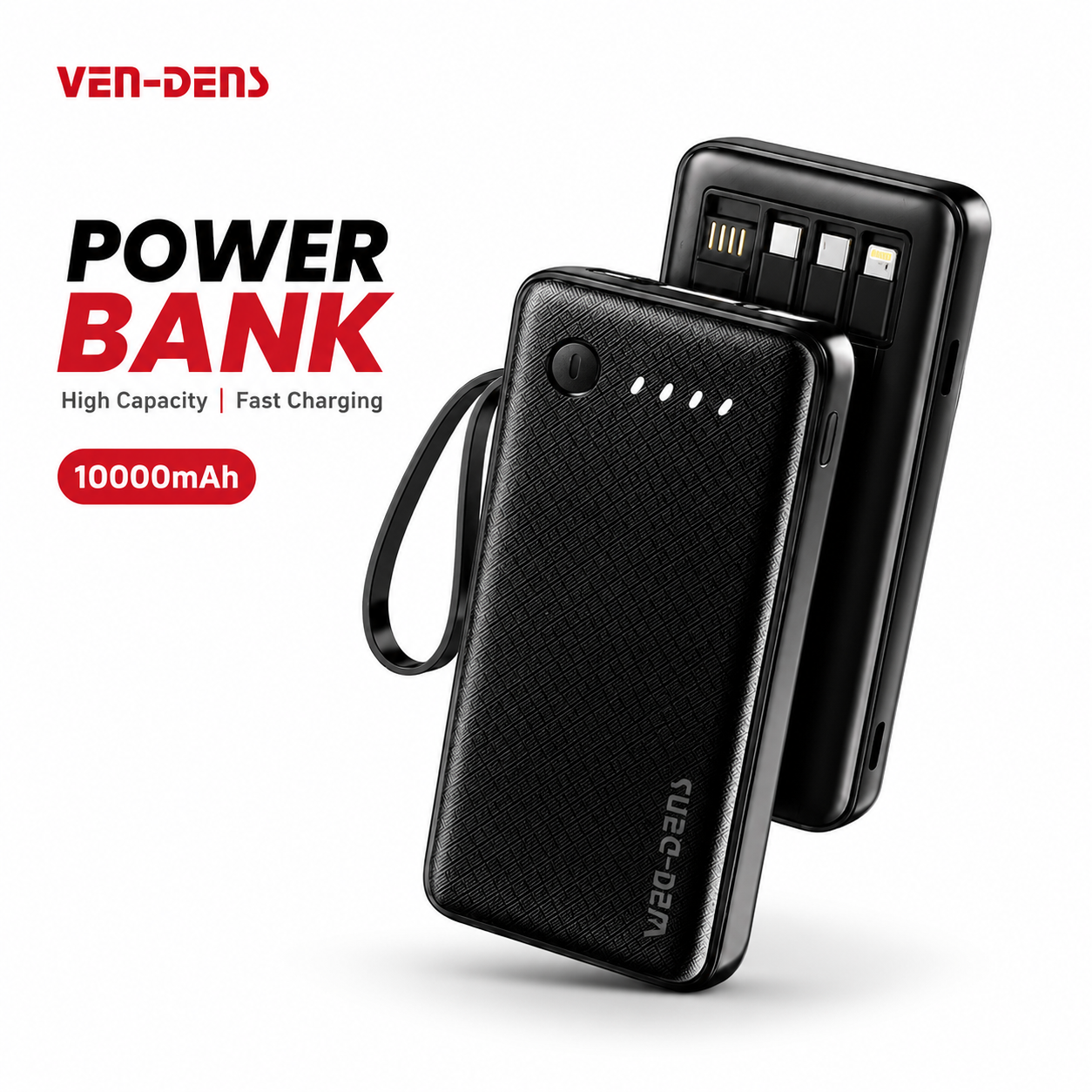 VEN-DENS 10000mAh Power Bank (VD-PB058) – Portable Charger with Built-in Type-C, Micro & Lightning Cables, Fireproof Shell & LED Indicator_img_1
