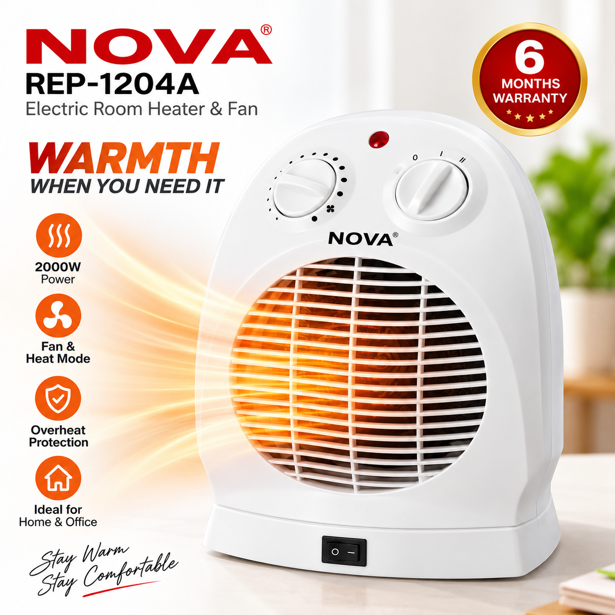 Nova REP-1204A Electric Room Heater & Fan – 1000W/2000W 2-in-1 Portable Hot, Warm & Cool Wind Blower with Adjustable Thermostat & Overheat Protection_img_1