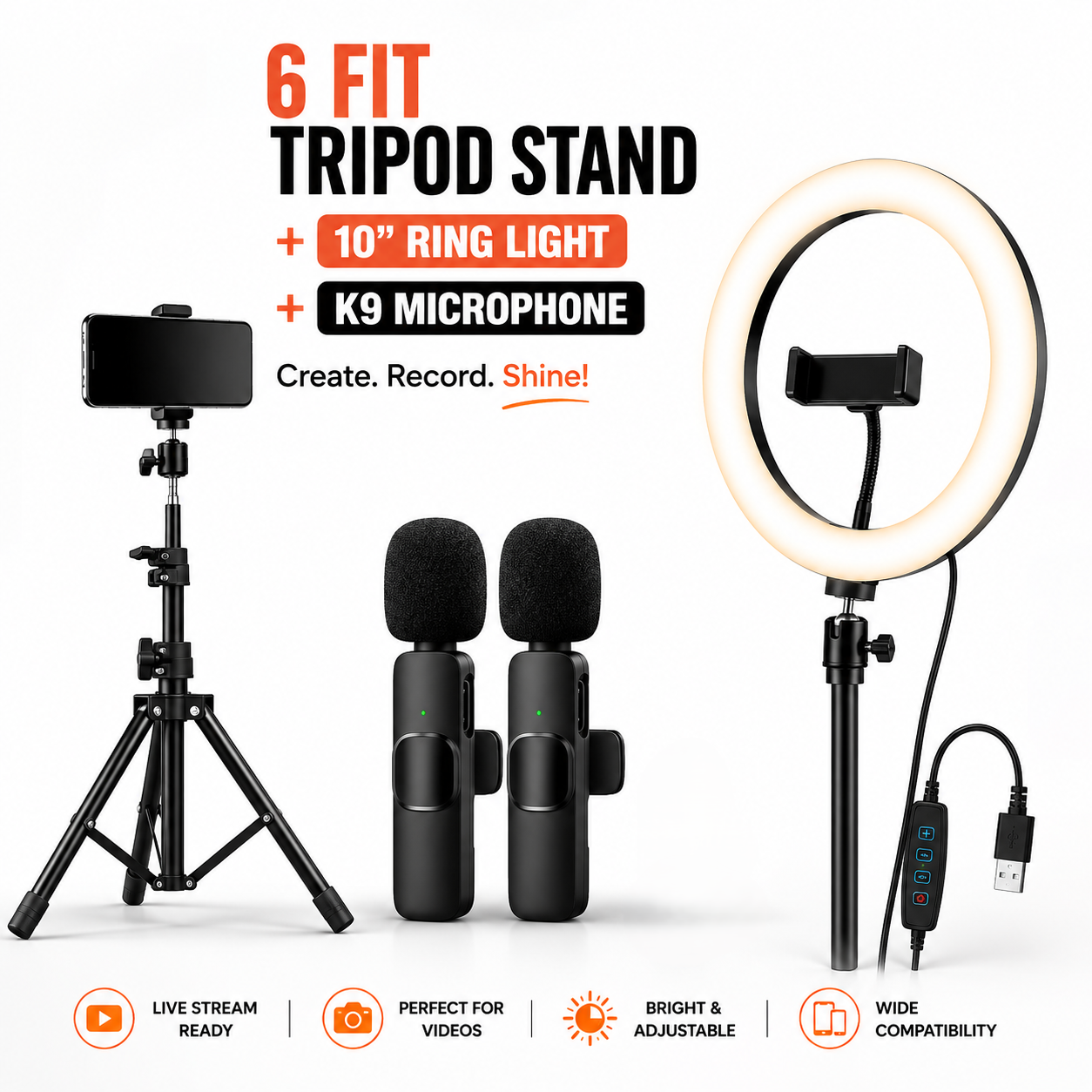 6 Ft Tripod Stand, 10" LED Ring Light & K9 Wireless Microphone Combo – Professional Content Creation Kit with Ultra-Low Latency, 20m Range & Adjustable Light Stand_img_1