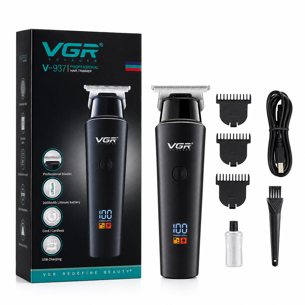VGR V-937 Professional Cordless Hair & Beard Trimmer for Men – 500 Min Runtime, 2000mAh Battery, Smart LCD Display, Type-C & Zero Gap Stainless Steel Blade (Black)_img_4