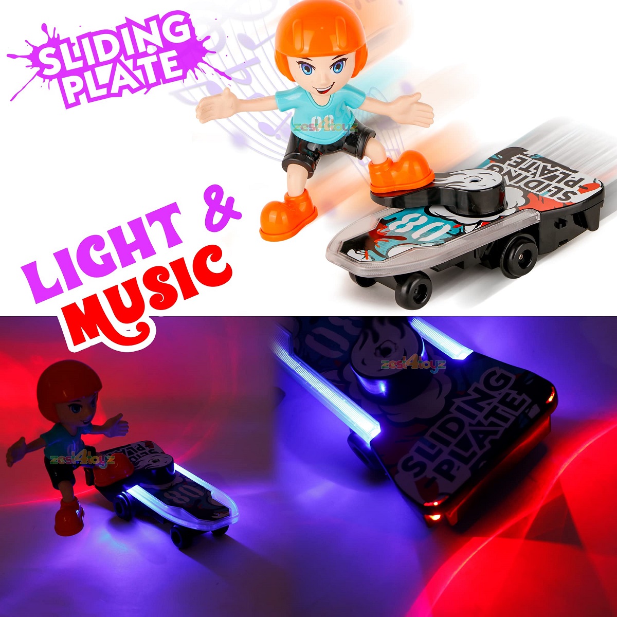 Sliding Plate Electronic Stunt Skateboard Boy Toy – Musical Action Figure with Dynamic Light Effects, 360° Stunt Movement, Battery Operated Safe Plastic Interactive Toy for Kids Age 3+_img_4