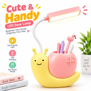 Rechargeable LED Snail Table Light – Child Eye Protection Desk Lamp with Built-In Pen Holder, Flexible Neck & USB Charging for Kids Study & Night Light_img_0
