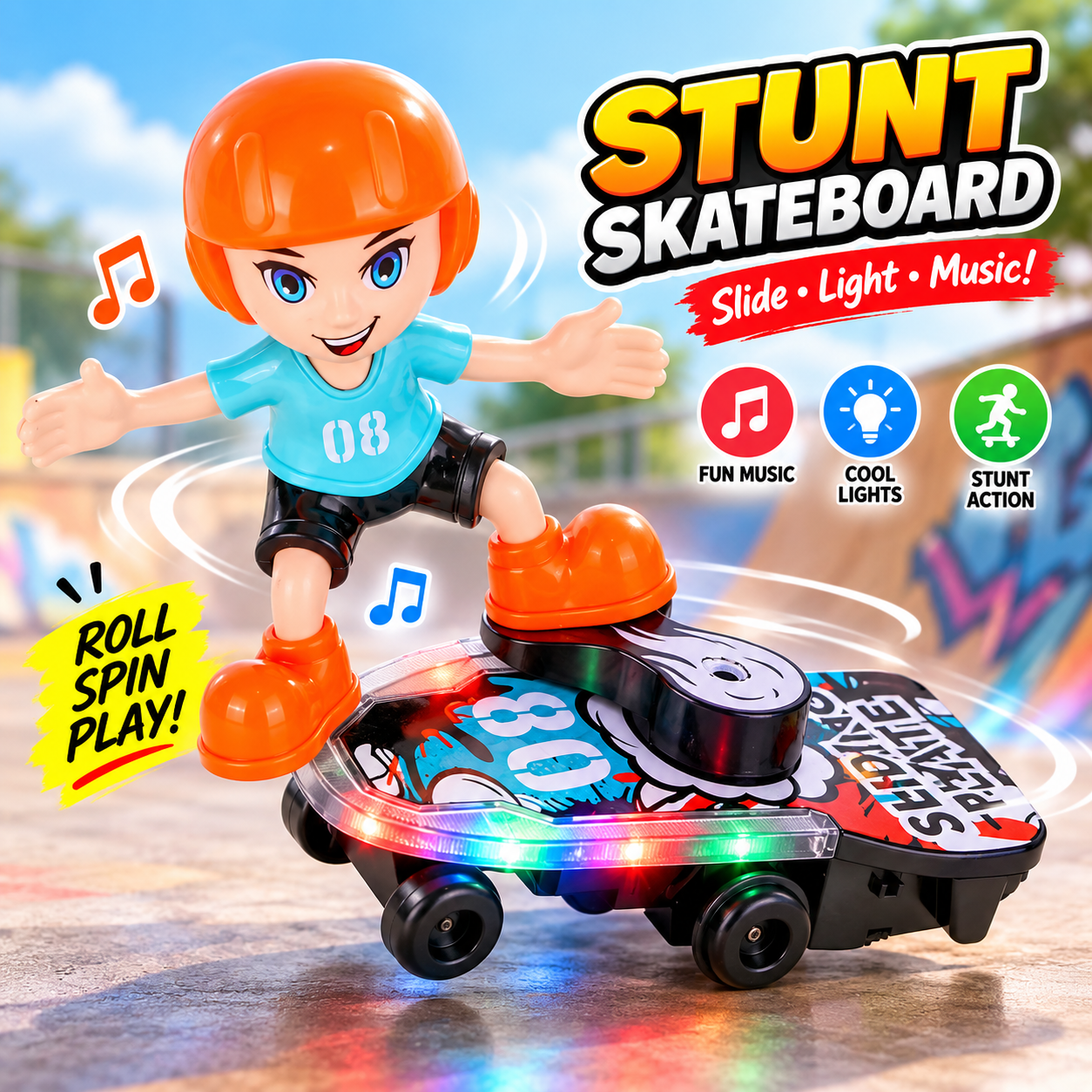 Sliding Plate Electronic Stunt Skateboard Boy Toy – Musical Action Figure with Dynamic Light Effects, 360° Stunt Movement, Battery Operated Safe Plastic Interactive Toy for Kids Age 3+_img_1