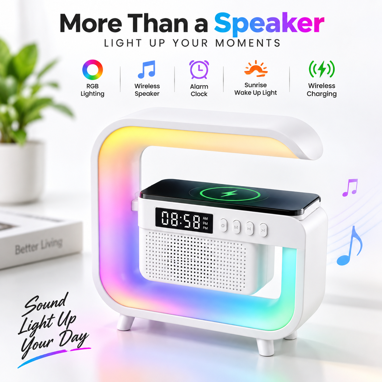 G3 Mini Smart Light Bluetooth Speaker – Multifunctional RGB Night Light with Wireless Charger, Digital Alarm Clock, Sunrise Simulation & Natural Sleep Sound Machine_img_1