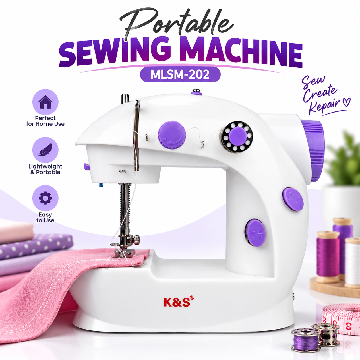 Portable Sewing Machine MLSM-202 – Double Speed Compact Electric Sewing Machine with LED Light, Foot Pedal, Built-in Cutter & Dual Thread System for Home Use_img_1