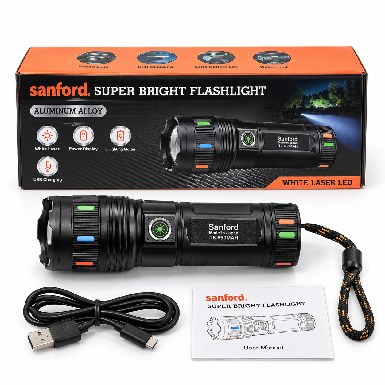 Sanford Super Bright White Laser LED Flashlight – Made in Japan High-Power Tactical Torch with 18650mAh Battery, Digital Display, Power Bank & Type-C Charging_img_4
