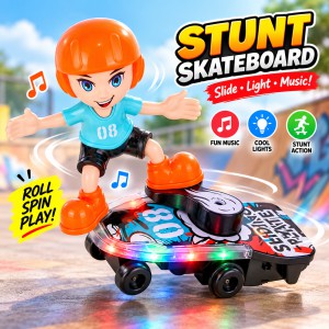 Sliding Plate Electronic Stunt Skateboard Boy Toy – Musical Action Figure with Dynamic Light Effects, 360° Stunt Movement, Battery Operated Safe Plastic Interactive Toy for Kids Age 3+_img_0