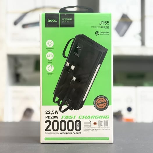 Hoco J155 Shine 20000mAh 22.5W & PD 20W Fast Charging Power Bank – 4 Built-in Cables (Type-C, Lightning, Micro, USB-A), 6 Outputs, Built-in LED Emergency Light & Digital Display_img_2