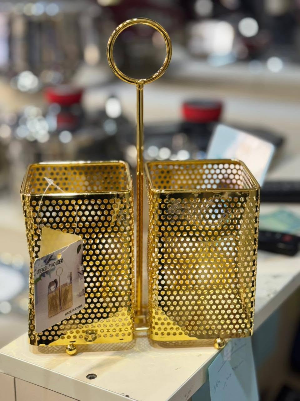gold-finished perforated metal double utensil holder - Image 2