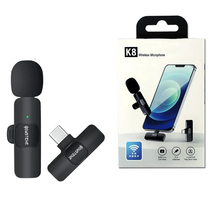 Wireless Lavalier Microphone k8 Portable Audio Video Record Mini Wireless k8 2.4Ghz Microphone For Android Live Broadcast Gaming mobile Phone Type-C & Lighting Black_img_2